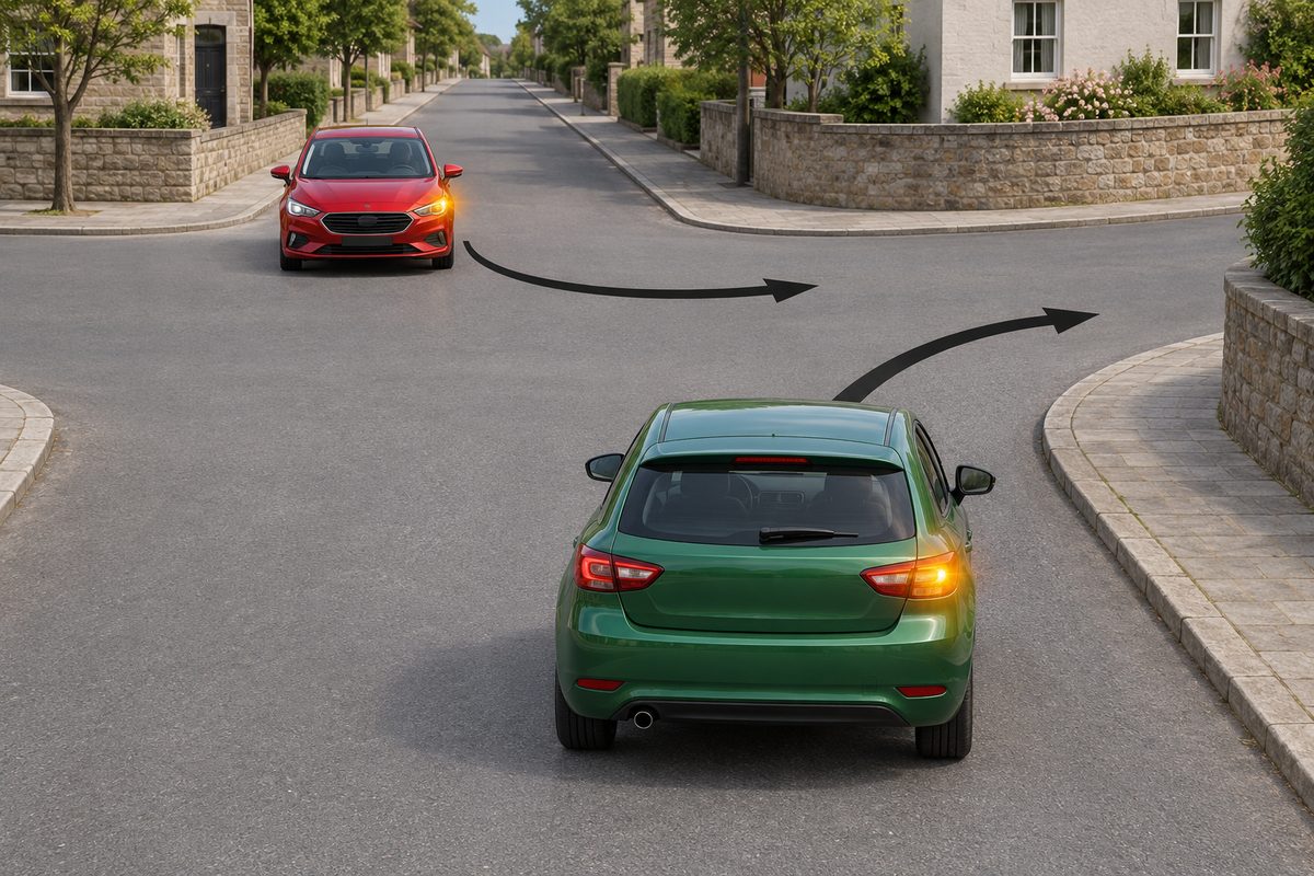 Rear view of a green car and front view of an opposing red car at an unmarked crossroads. Both have screen-right amber lamps lit, with separate black arrows curving into the road on the right.