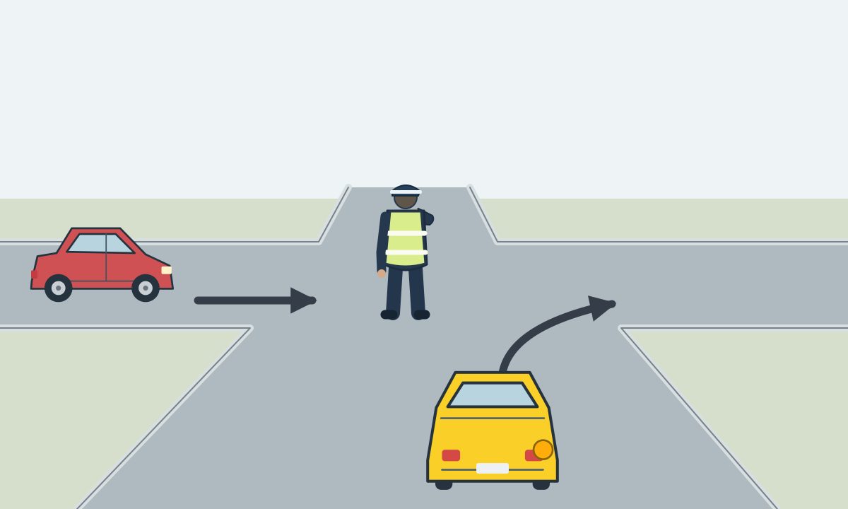 A yellow car signals right, a red car approaches from the left, and a traffic controller stands with his back toward the foreground and right arm projecting forward.