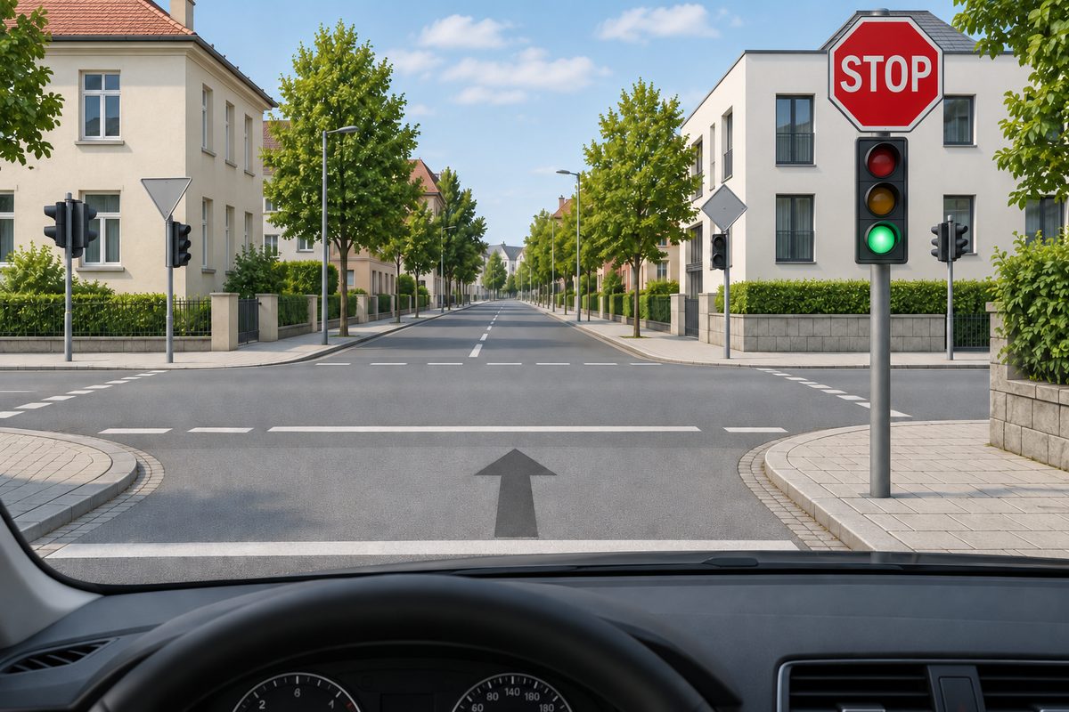 Empty junction viewed from a car, with a STOP sign above a green traffic light and an arrow pointing straight ahead.