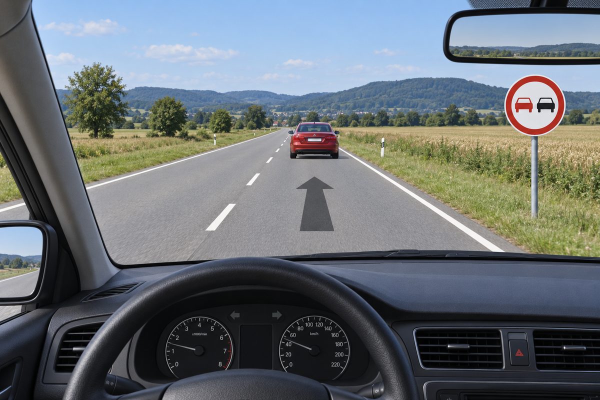 Driver view behind a red car beside a broken centre line and forward arrow; mirrors are empty and dashboard arrows are dark. A white circular sign with a red border contains a red car symbol on the left and black car symbol on the right.