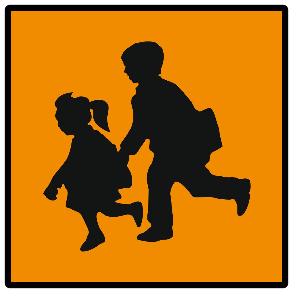 Orange square with a black border and two black child silhouettes, smaller at left and larger at right.