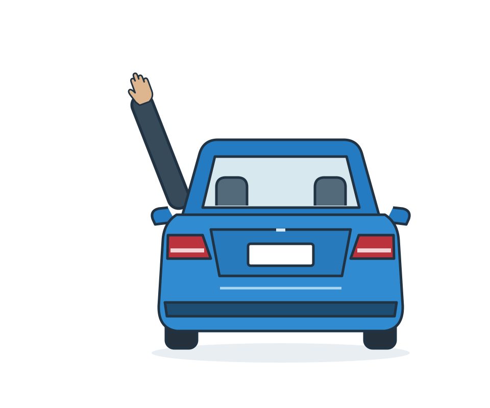 Rear of a blue car with the driver’s arm extended upwards.