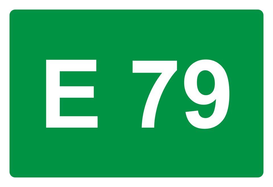 Green rectangular panel with white text E 79.