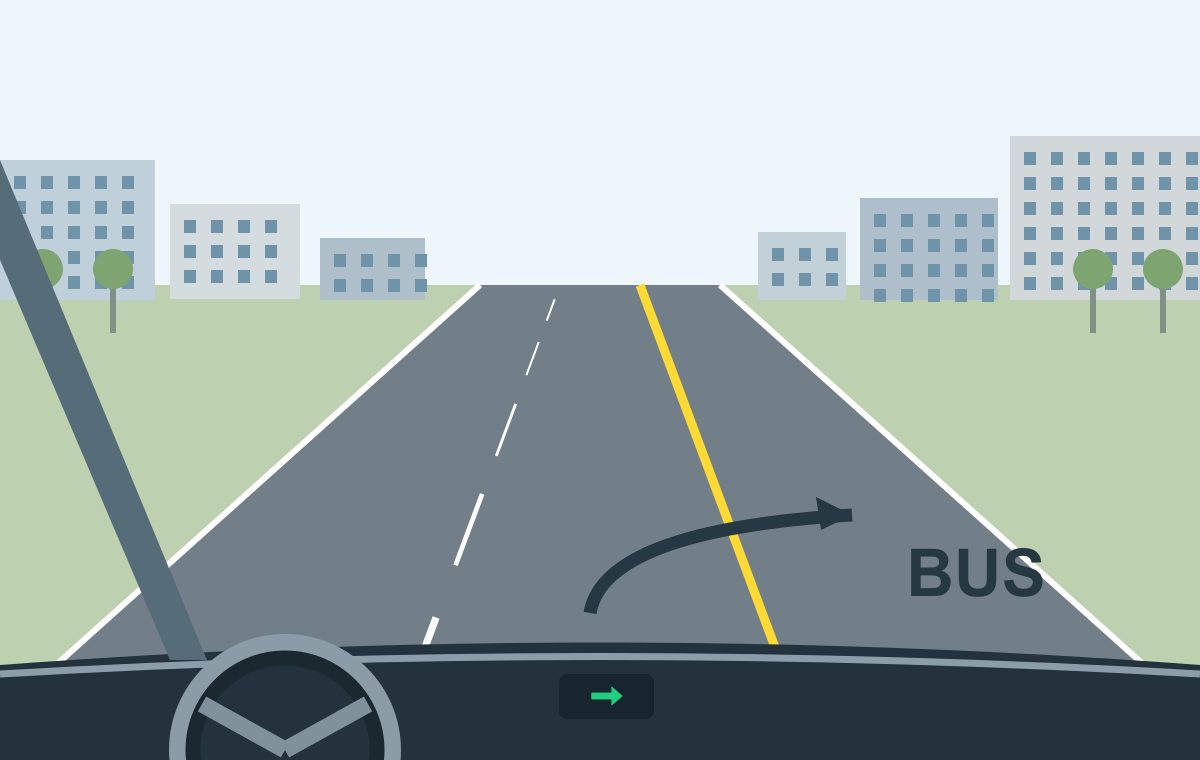 Driver view beside a yellow BUS-lane boundary, with a rightward manoeuvre arrow and dashboard indicator.