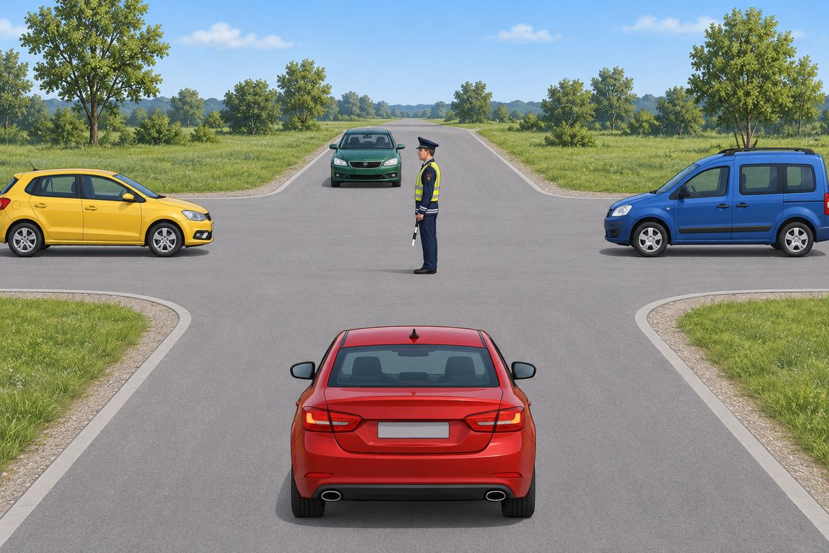 A junction with a red sedan in the foreground, green sedan opposite, yellow hatchback left and blue passenger van right. A traffic controller faces left in profile with both arms lowered.