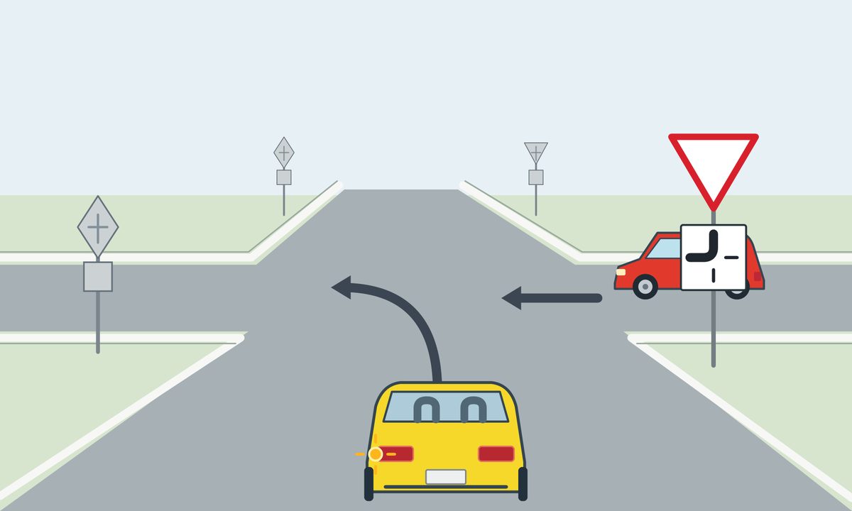 A yellow car seen from behind has its left amber lamp lit and an arrow curving left. A red minivan approaches from the right with a straight leftward arrow. A downward red-edged triangle stands above a plate whose thick line connects left and top; the bottom and right branches are thin.