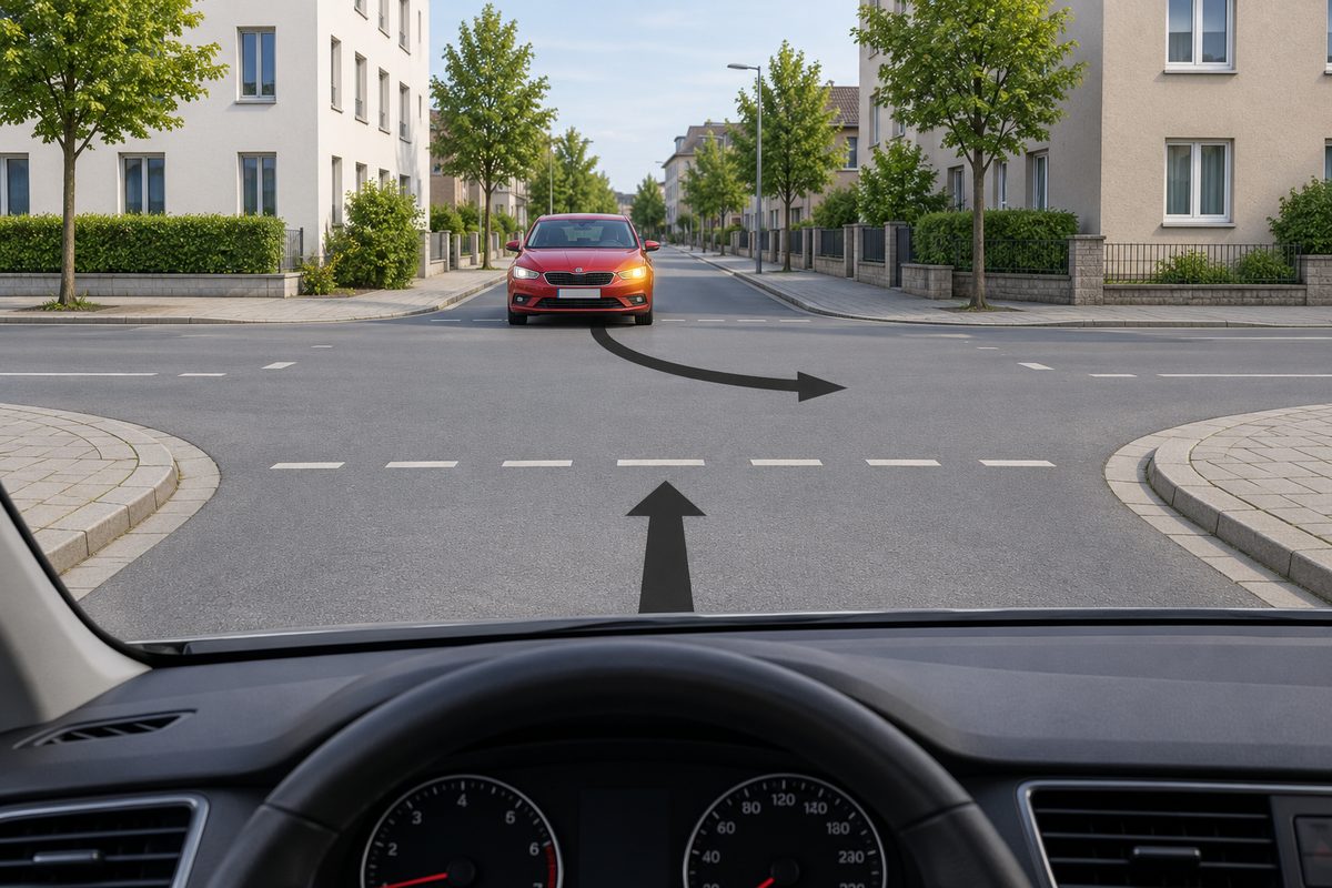 An oncoming red car indicates left at an unsigned junction, with a curved arrow across the viewer’s straight-ahead arrow.