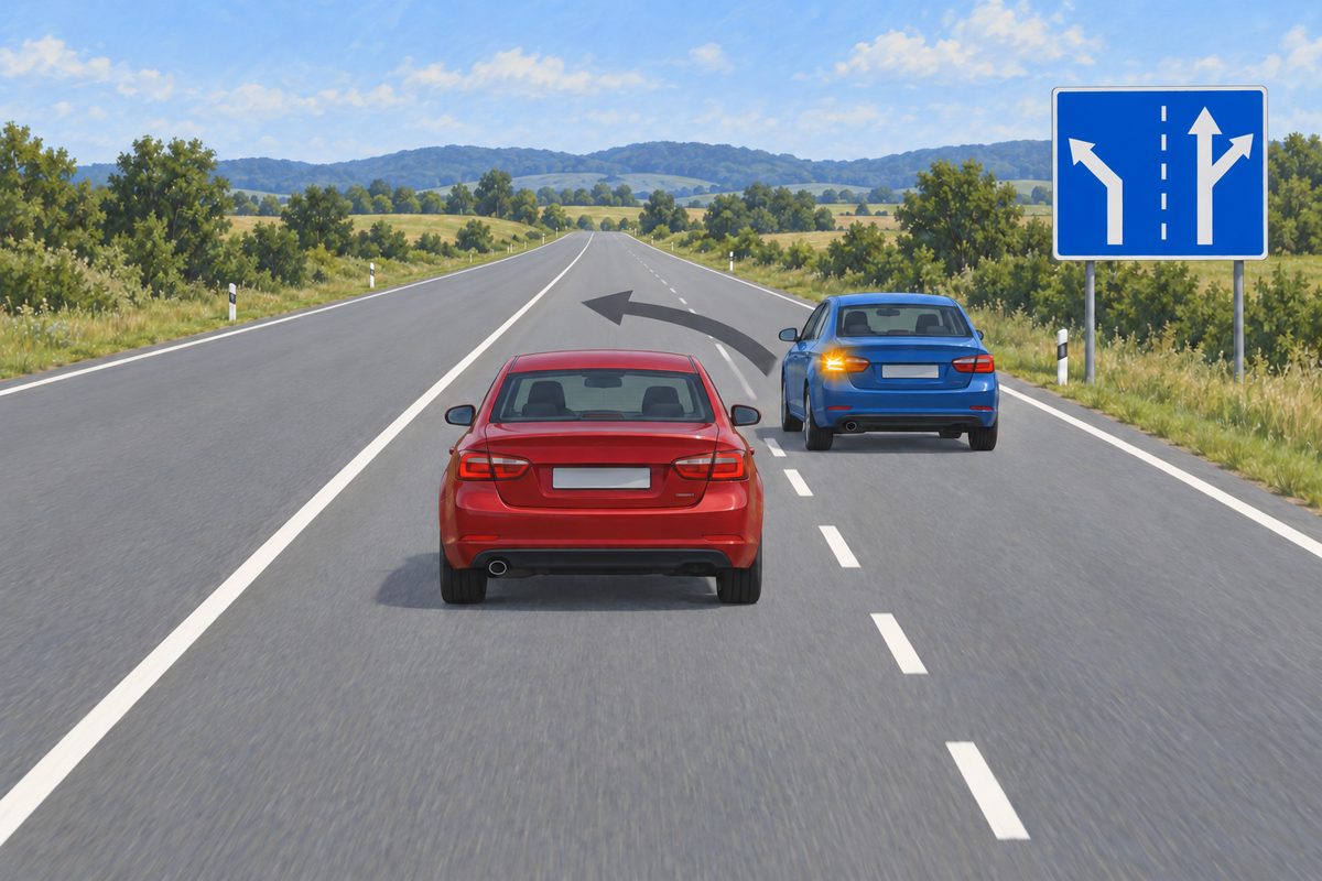Red car in the left of two adjacent lanes and blue car ahead to the right, with a curved leftward arrow, amber light and a blue roadside arrow diagram.