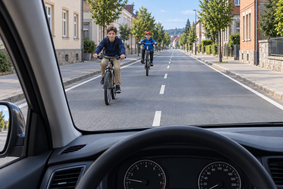 Through a windscreen, two cyclists face the viewer to the left of a dashed centerline, with the farther bicycle front wheel raised.