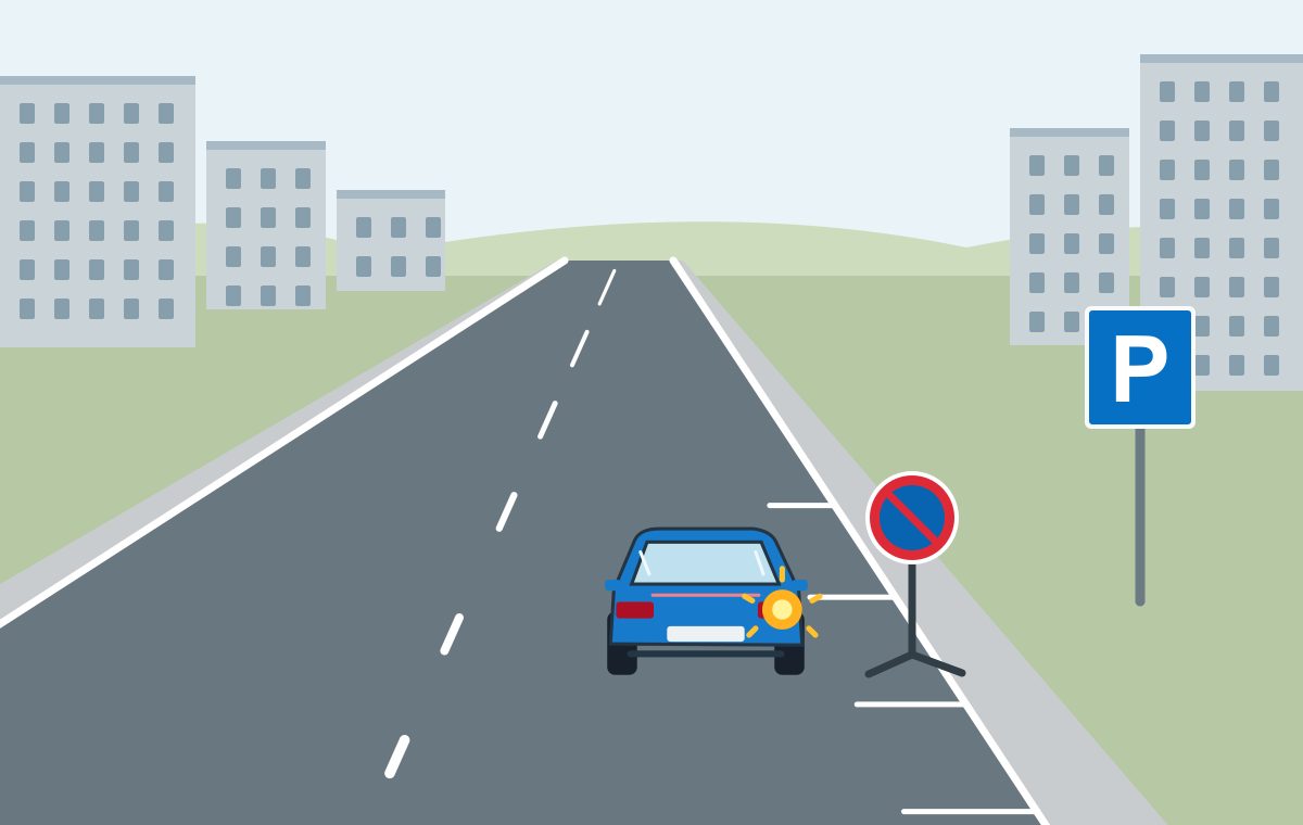 Blue car signals right near a permanent blue P sign and a portable blue circular sign with a red diagonal bar on a stand in the carriageway.