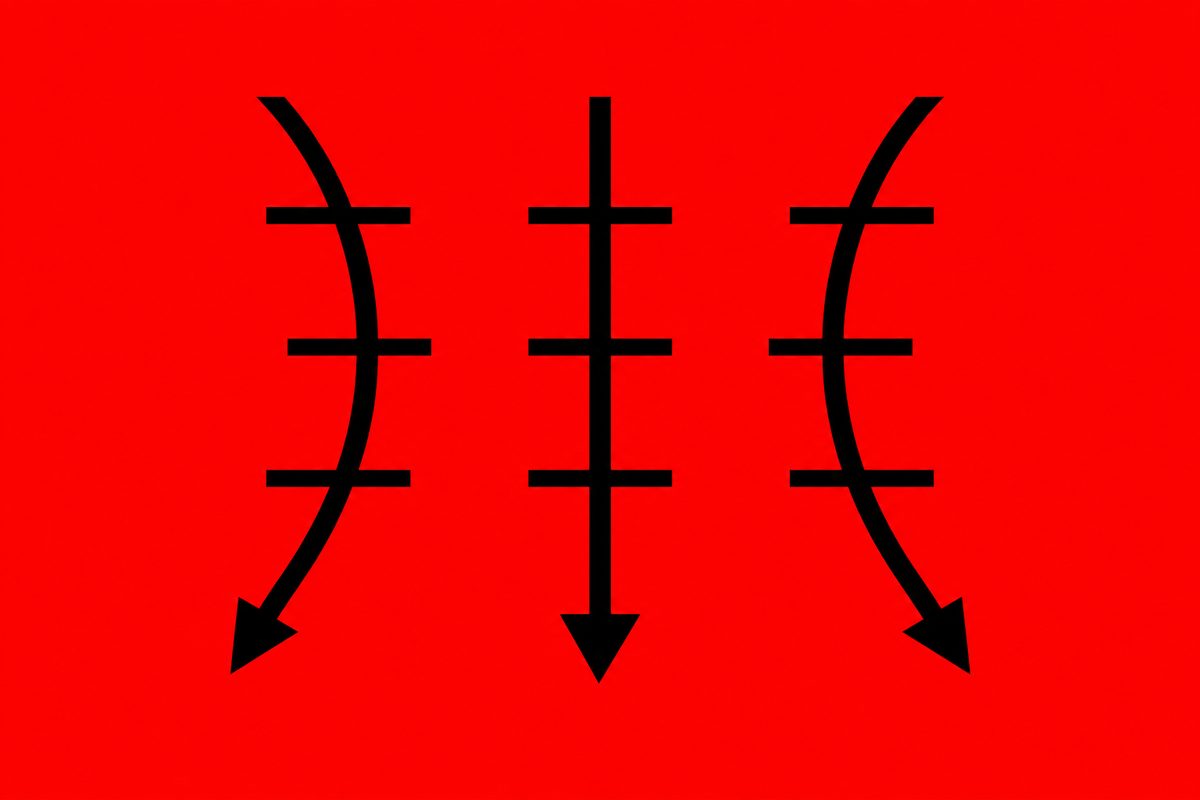 Three black downward arrows crossed by short horizontal bars, on red.