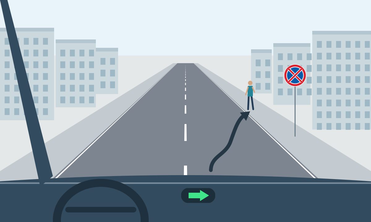 View from a car towards a pedestrian, circular sign and arrow by the right kerb.
