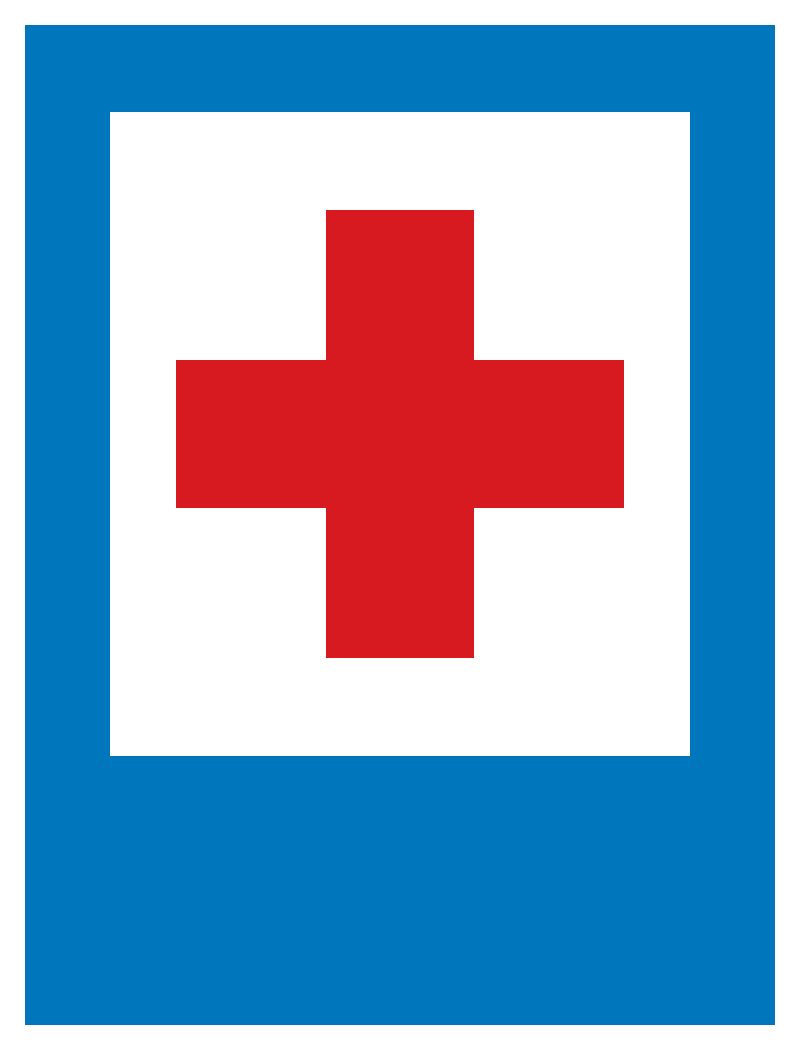 Tall blue rectangle with a white inset containing a red cross and a blank blue area below.