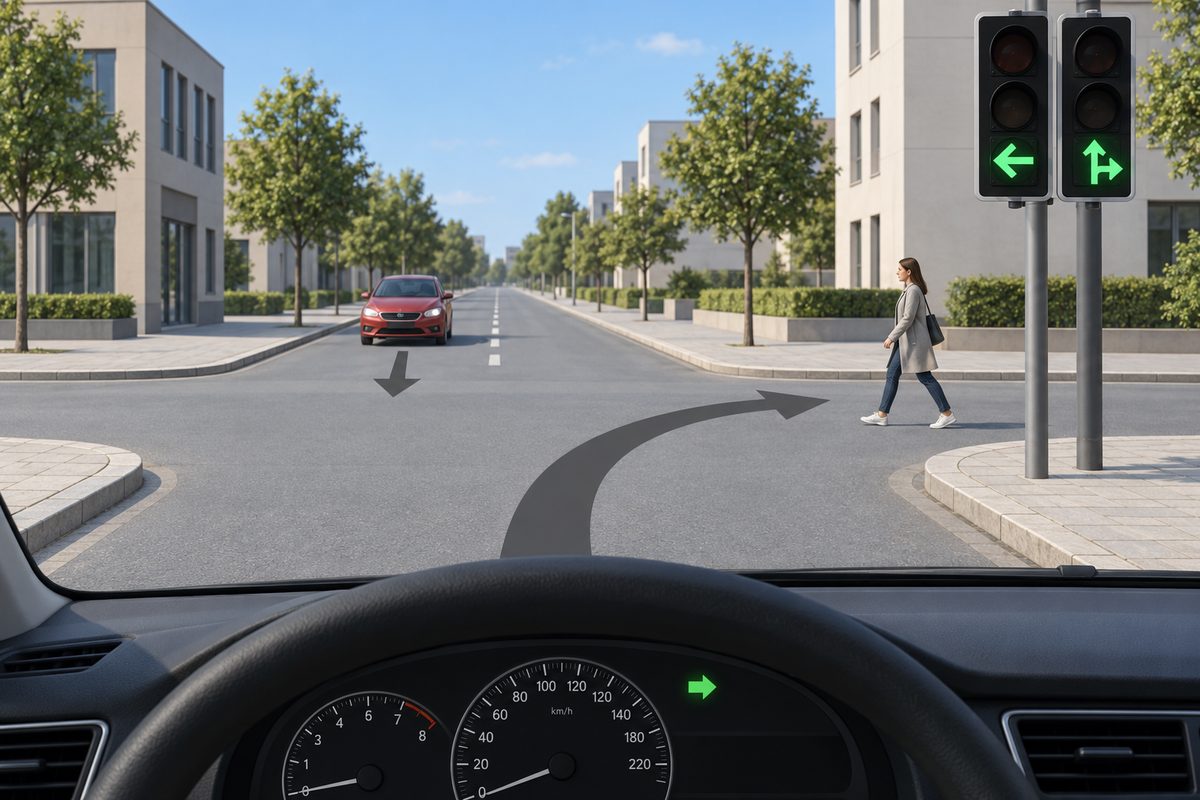 Driver view with a right-turn indicator, a pedestrian crossing the right-turn path, an oncoming red car, and separate green left and straight/right arrow signals.
