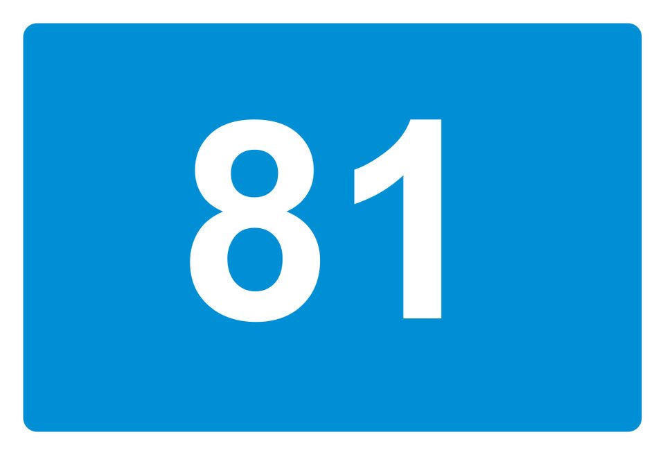 Blue rectangular panel with white text 81.