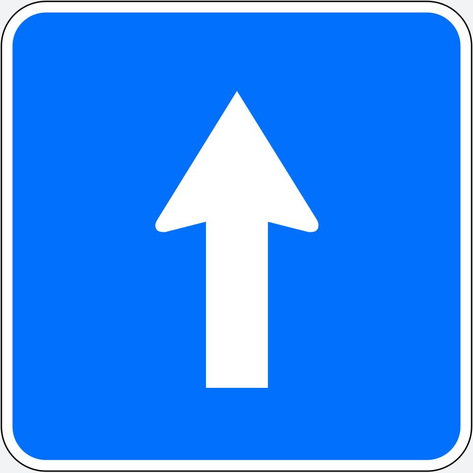 Blue rectangle with a white border; one white arrow pointing straight up.