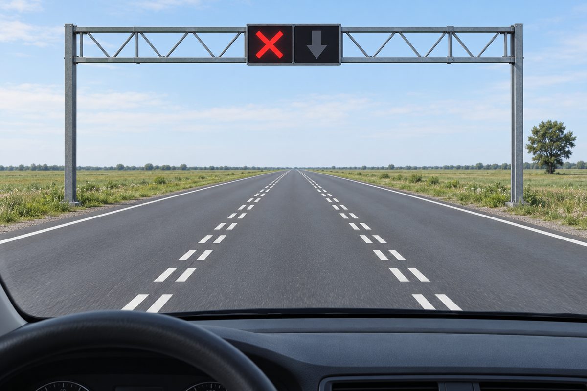 Rural lane with double broken boundaries seen from a car; overhead red X illuminated and adjacent downward arrow dark.