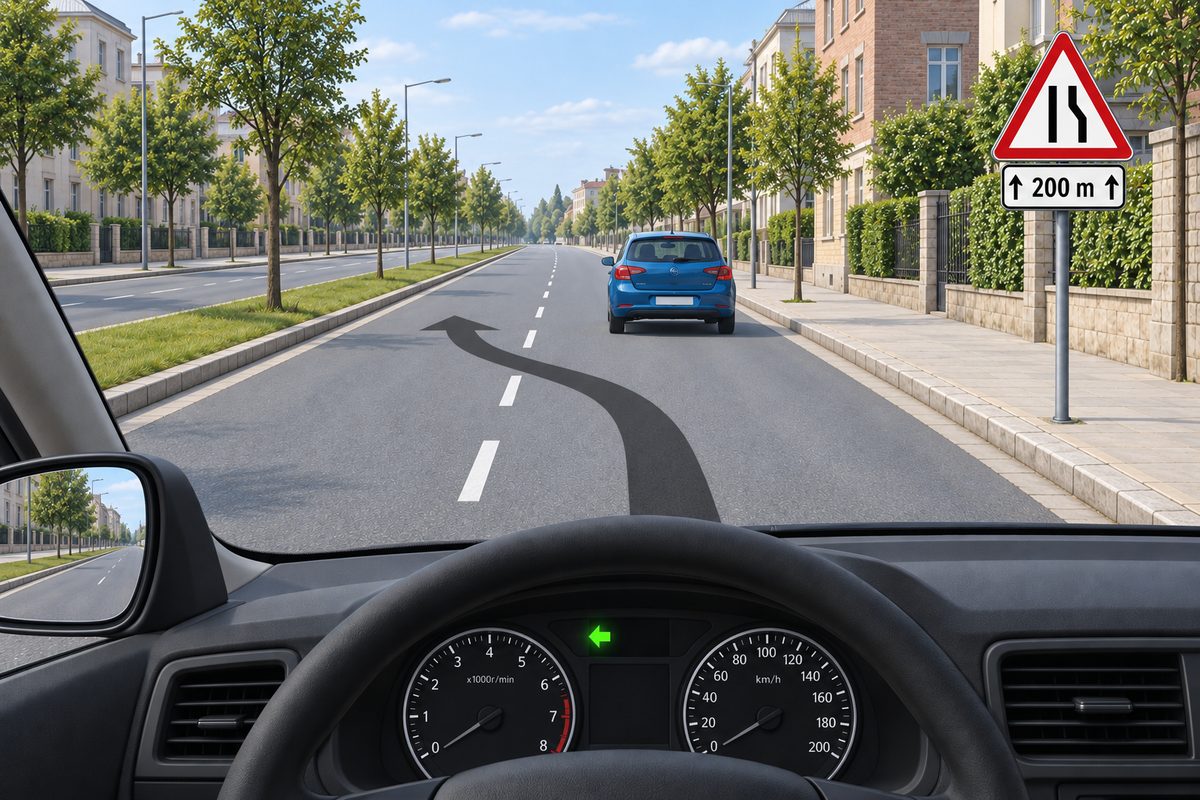 Driver view behind a blue car in the right of two same-direction lanes on an urban boulevard. A grassy median on the left separates the opposite carriageway. A curved arrow crosses the broken lane divider leftward; a green left dashboard arrow is lit. A right-side narrowing triangle stands above a plate reading 200 m between upward arrows.