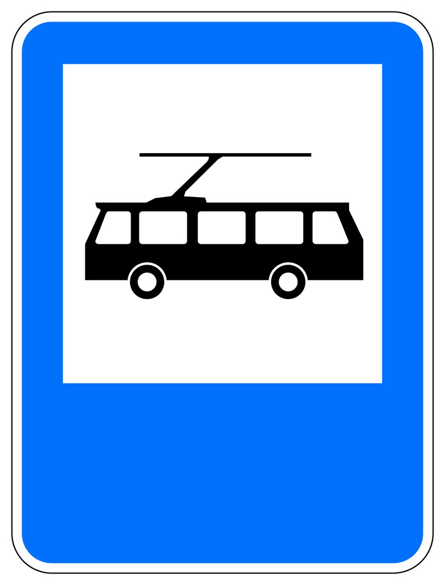 Blue rectangular sign with a white inset containing a black bus with two wheels and a diagonal collector meeting an overhead line.