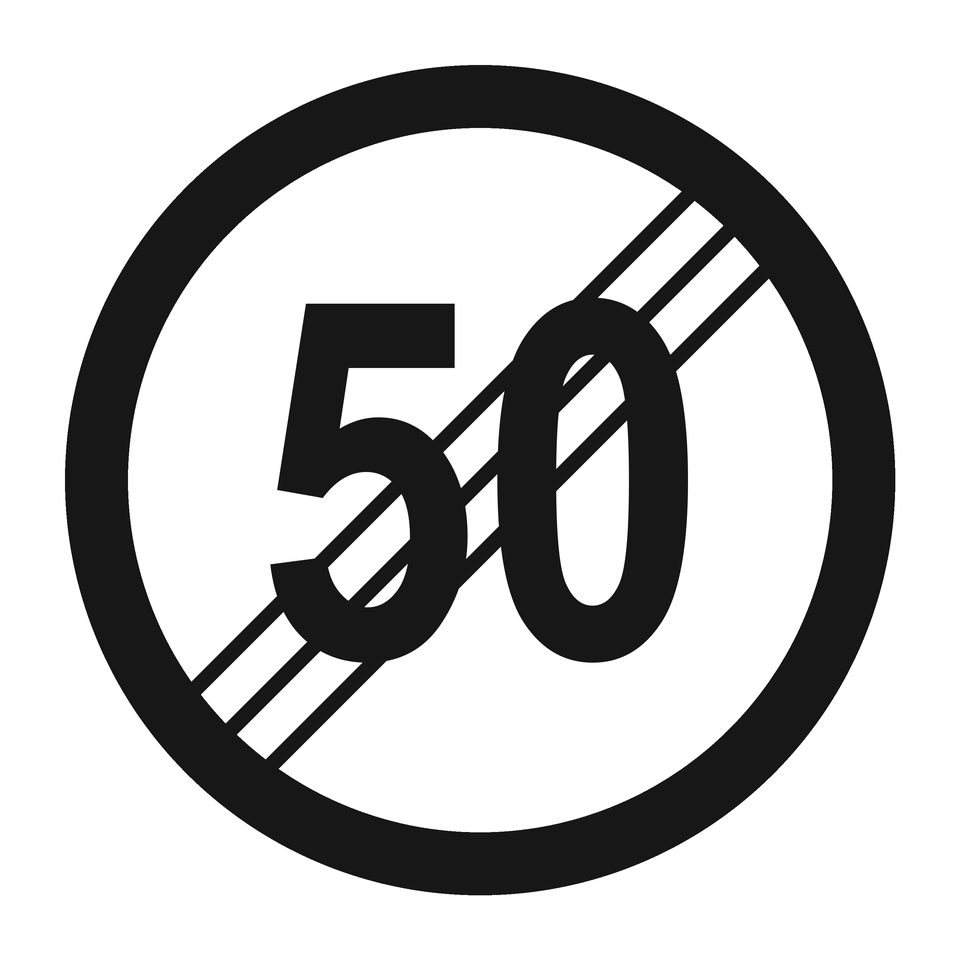 White circular sign with a black rim, the number 50 and three diagonal black strokes.