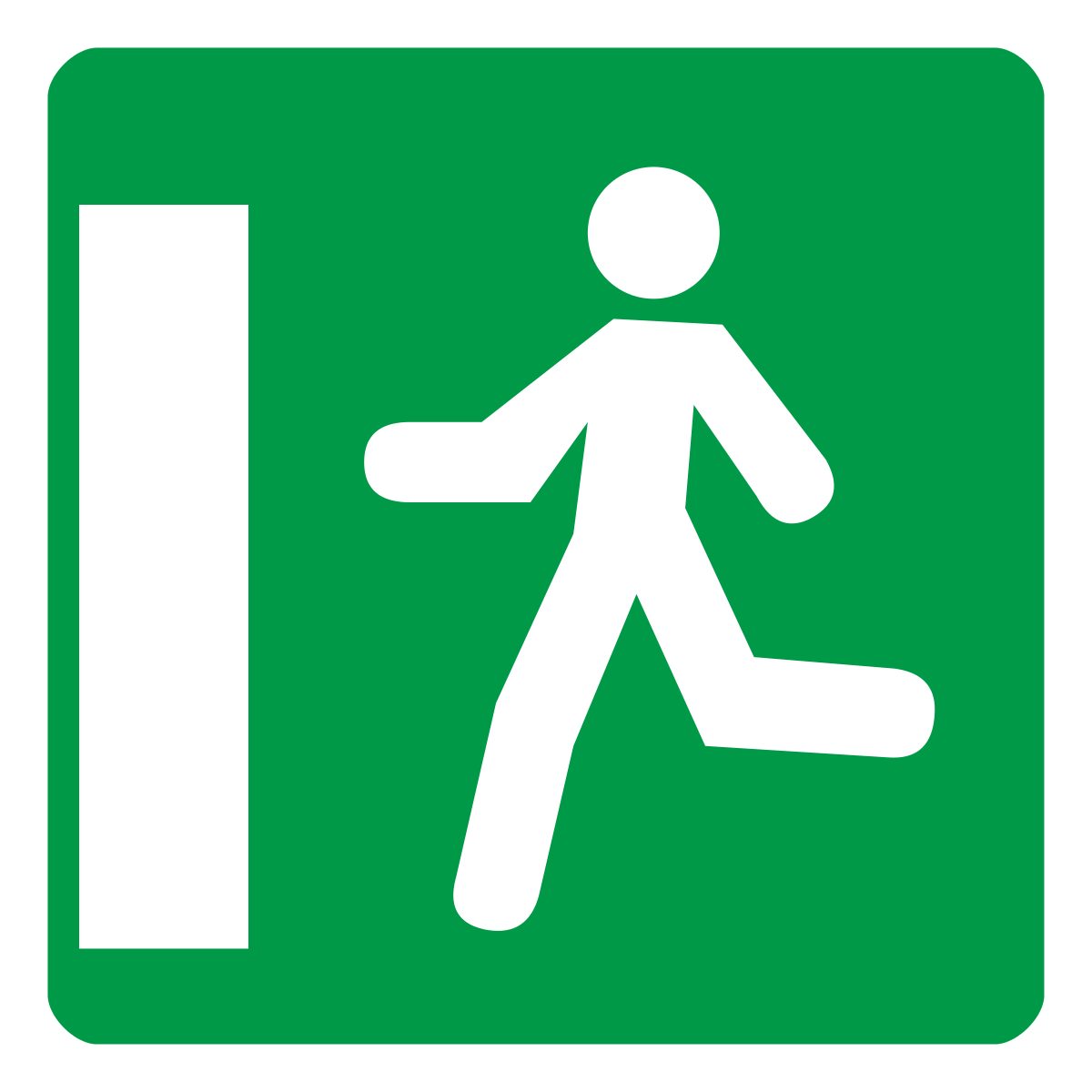 Green square with a white doorway at the left and a white running-person symbol facing the doorway.