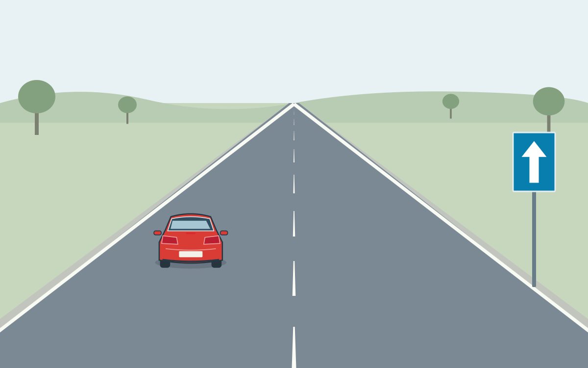 A two-lane rural road with a red car travelling away in the left lane; at the right is a blue rectangular panel with one white upward arrow.
