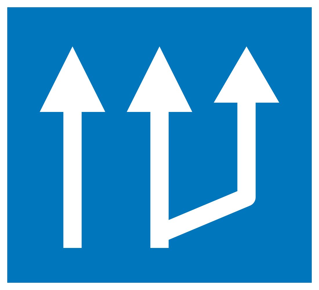 Blue sign with three white upward arrowheads; the right shaft joins the middle shaft through a diagonal branch.