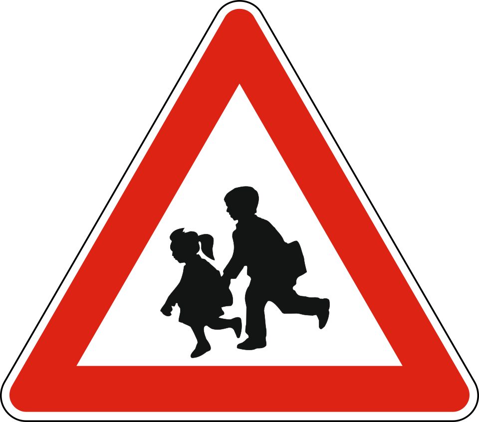 Red-bordered white triangle containing two black child silhouettes, smaller at left and larger at right.