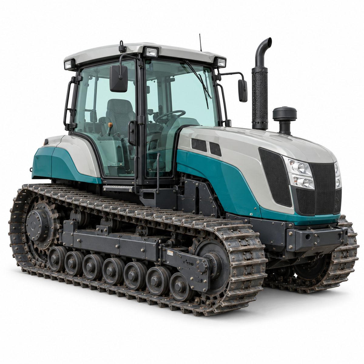 Cab-equipped agricultural vehicle on continuous tracks.