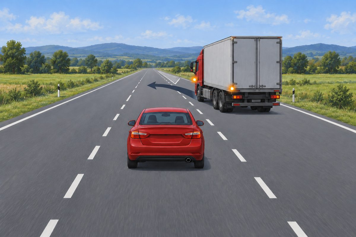 Red car in the main lane and a gray box truck with red cab ahead to the right, with amber lights, a leftward arrow and white hatching ahead.