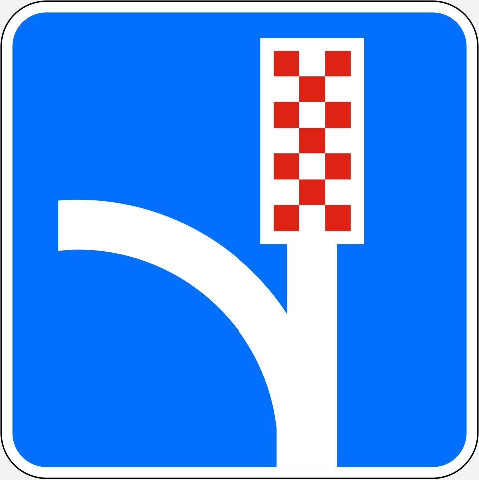 Blue square with a white border; a thick white line curves from the bottom right toward the left, with an upward branch ending in a red-and-white chequered rectangle.
