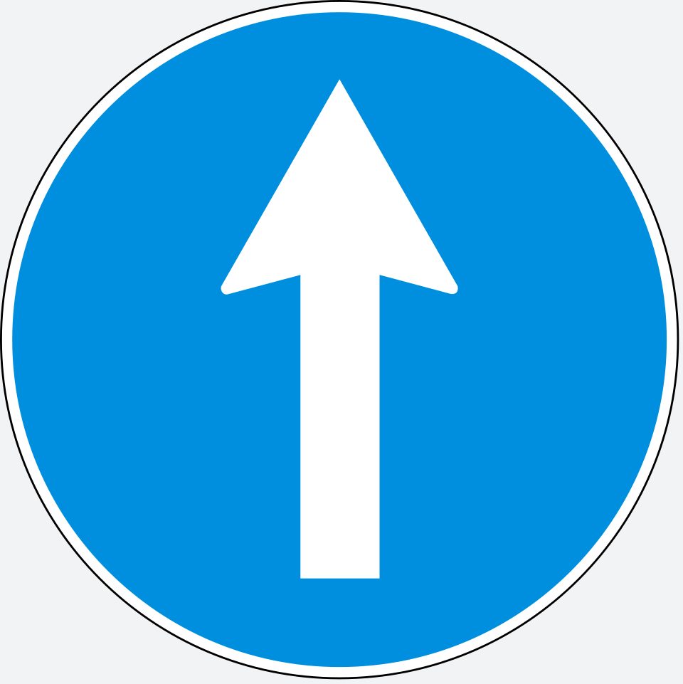 Blue circle with a thin white border; one white arrow pointing straight up.