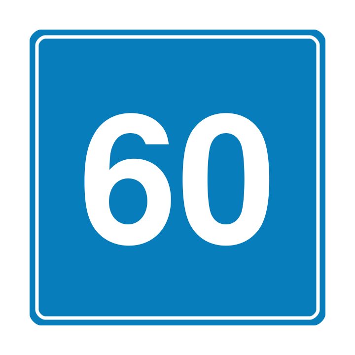 A blue square panel with a white inset border and white 60.