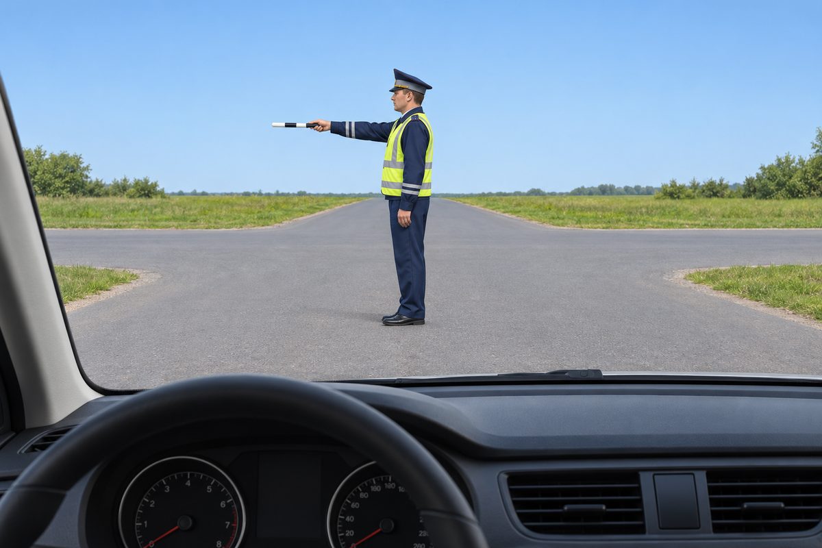 View from a car at an empty four-way junction. A traffic controller faces left in profile with his right arm extended forward to the left.