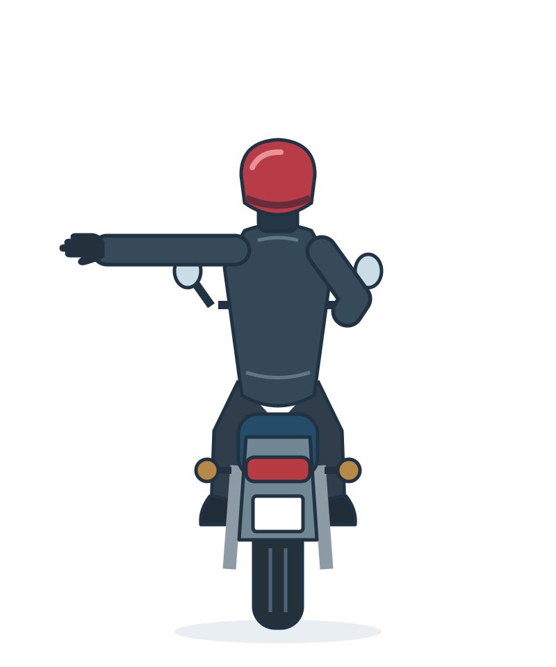 Rear of a motorcyclist with the left arm extended sideways.