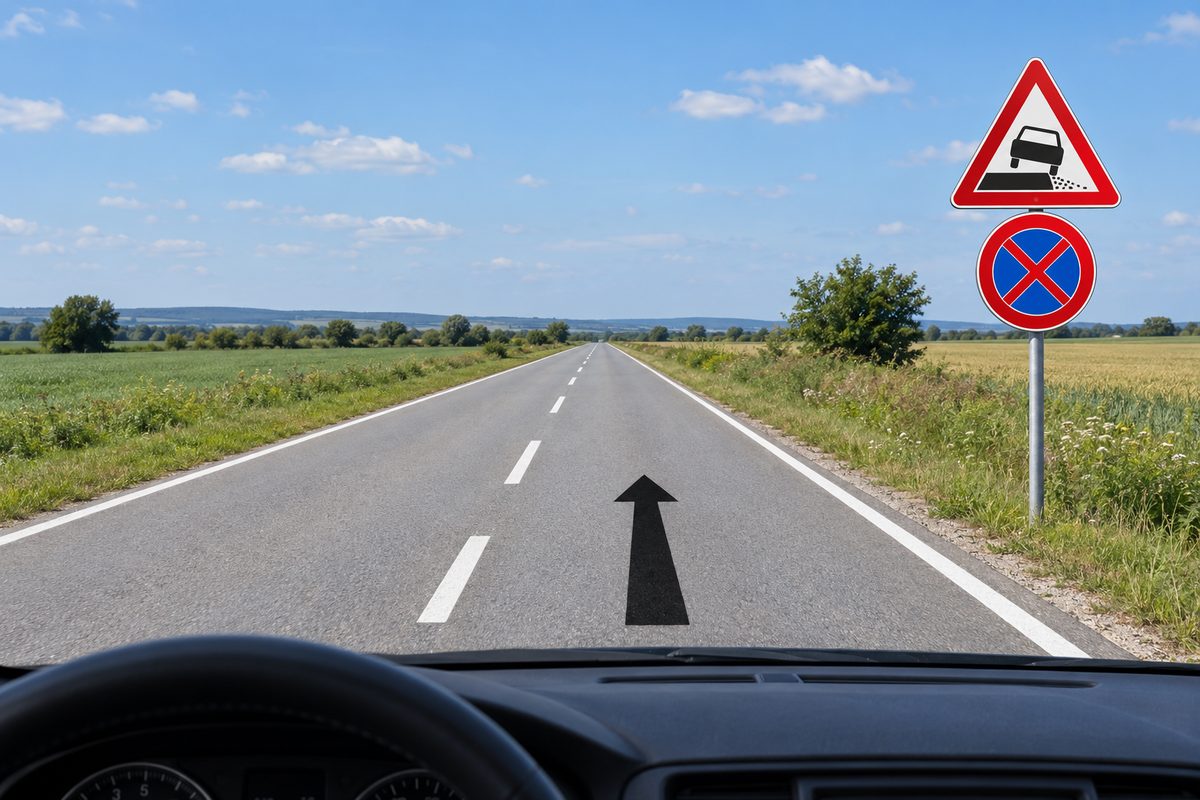 A straight rural road with a forward arrow and a post carrying a shoulder warning above a blue circular sign crossed by a red X.