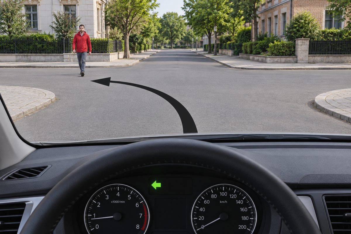 Windscreen view of an unmarked crossroads, with a pedestrian in a red jacket crossing the left-hand road mouth toward the viewer. A black road arrow curves left and the dashboard left arrow is green.