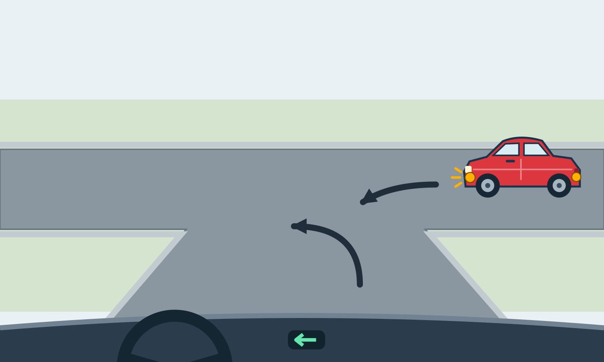 Driver’s view of an unsigned T-junction, signaling a left turn; a red car from the right also signals a left turn.