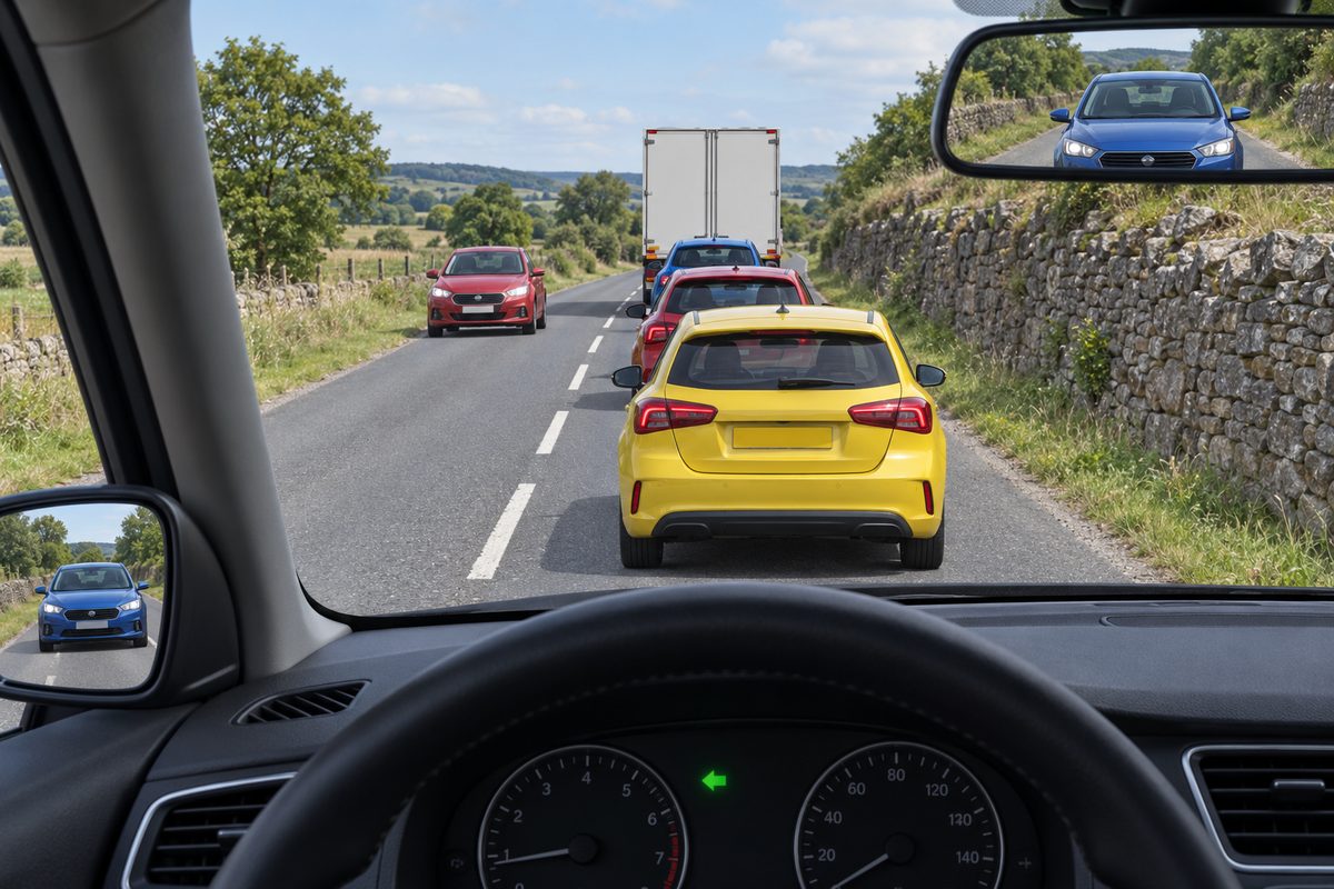 Driver view behind a closely spaced row of a yellow car, red car, blue car and white box lorry. A red car faces the viewer in the opposite lane. Both mirrors show a blue car; a green left dashboard arrow is lit beside the broken centre line.