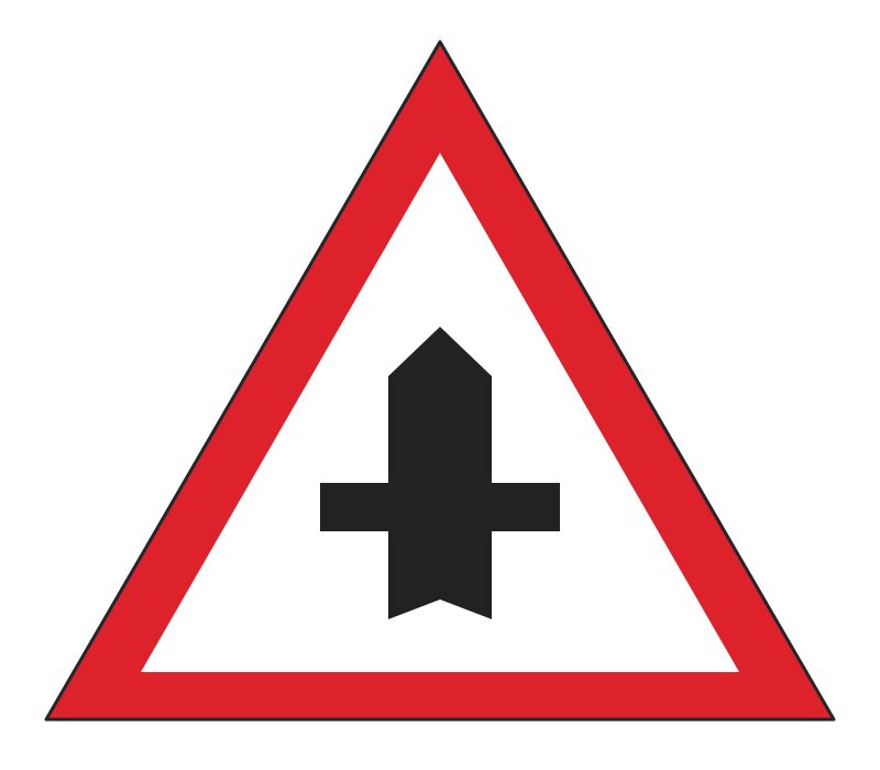 An upright red-bordered white triangle containing a thick black vertical road shape with a pointed top and thin horizontal branches.
