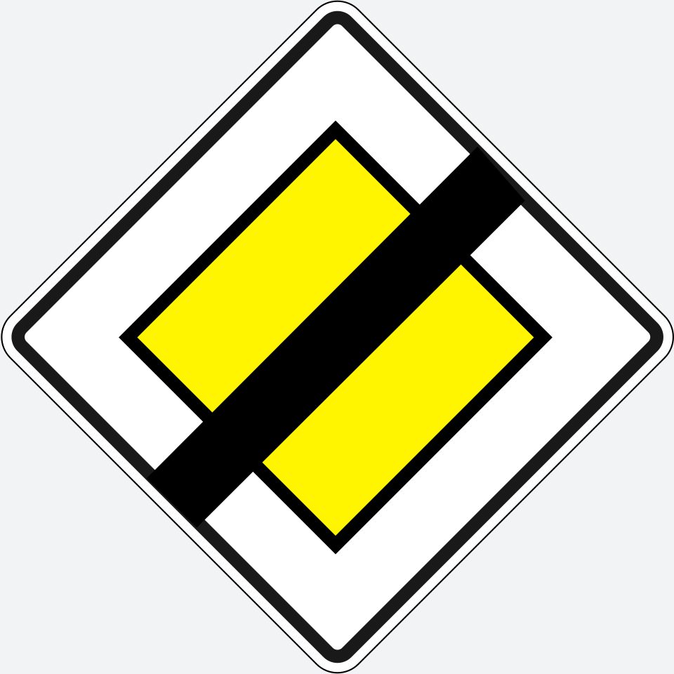 Yellow diamond with a white border and broad black diagonal band rising left to right.