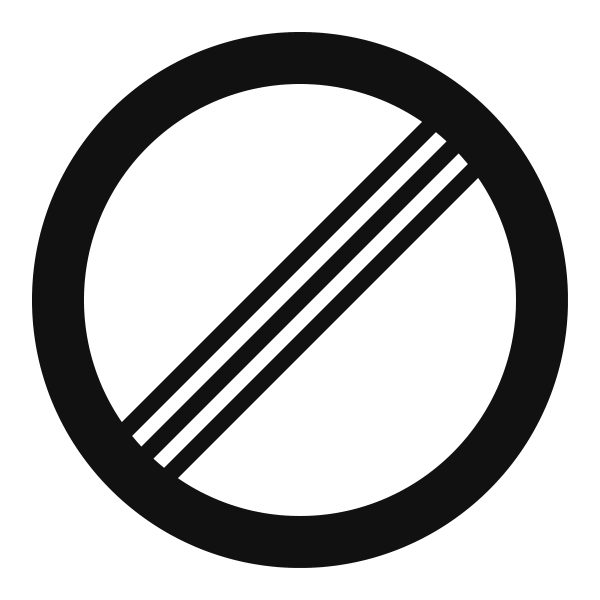 A white circular sign with a black border and three black diagonal bars.