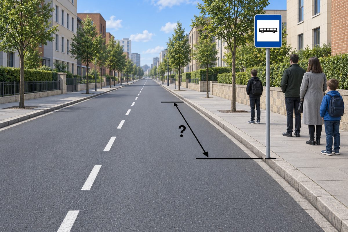 An empty road beside a bus-stop sign and four waiting people, with a question-marked distance arrow extending forward from the sign.