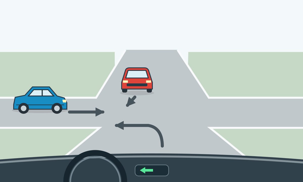 Driver view of a four-way junction: a left-curving foreground arrow and green left dashboard arrow, a red car facing forward from the opposite arm, and a blue car crossing from left to right.
