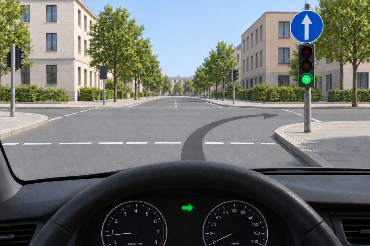 Driver view with a right-turn indicator and intended right-turn path, a circular green signal, and a blue circular sign with a white upward arrow.