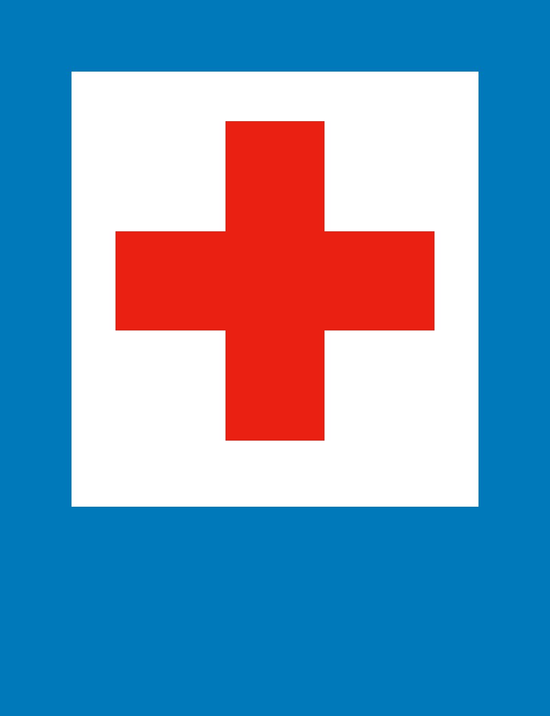 Portrait blue rectangle with a white inset panel containing a red cross with four arms.