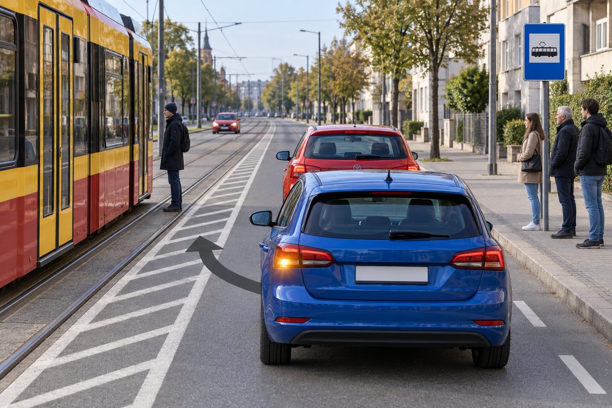 Rear view of a blue car with its left amber lamp illuminated behind a red car. A curved arrow points left toward rails beside a yellow and red tram and white hatching. One person stands beside the tram, three stand on the right pavement, and a second red car faces the viewer farther ahead.