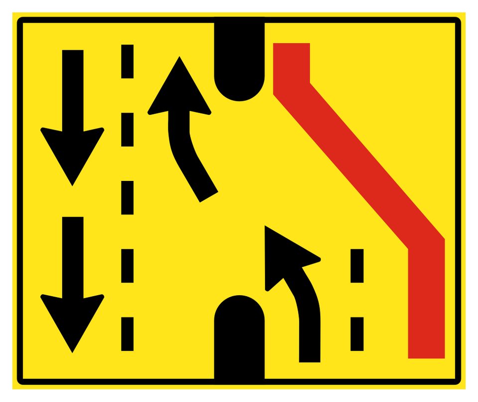 Yellow rectangular panel with two downward arrows at left, two curved upward arrows around black centre islands, dashed black lines and a bent red band at right.