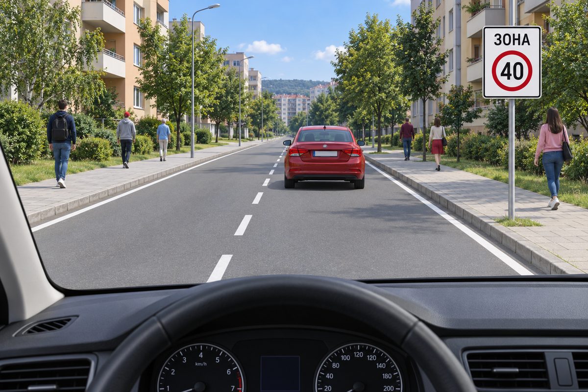 A red sedan ahead on an urban street, three pedestrians on each sidewalk, and a white roadside panel reading ЗОНА above a red-ringed 40.