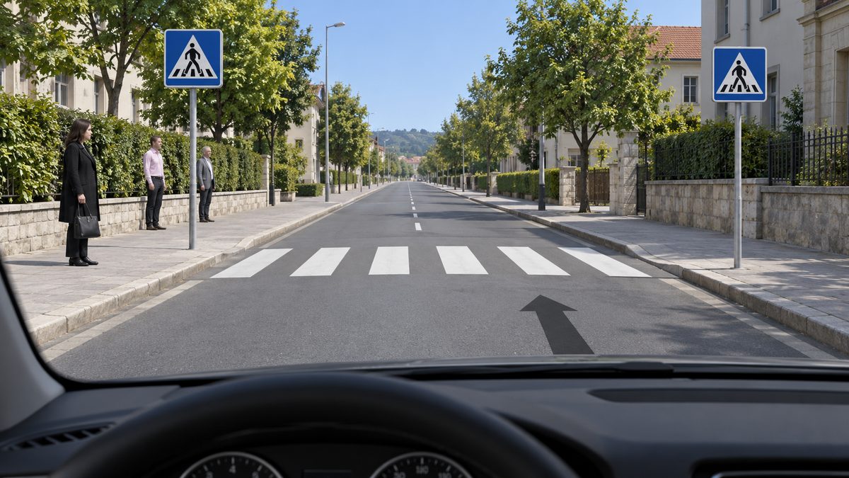 People stand on the pavement beside a zebra crossing.